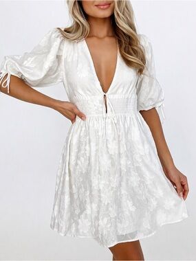 V-Neck White Floral Mini Dress with Smocked Waist